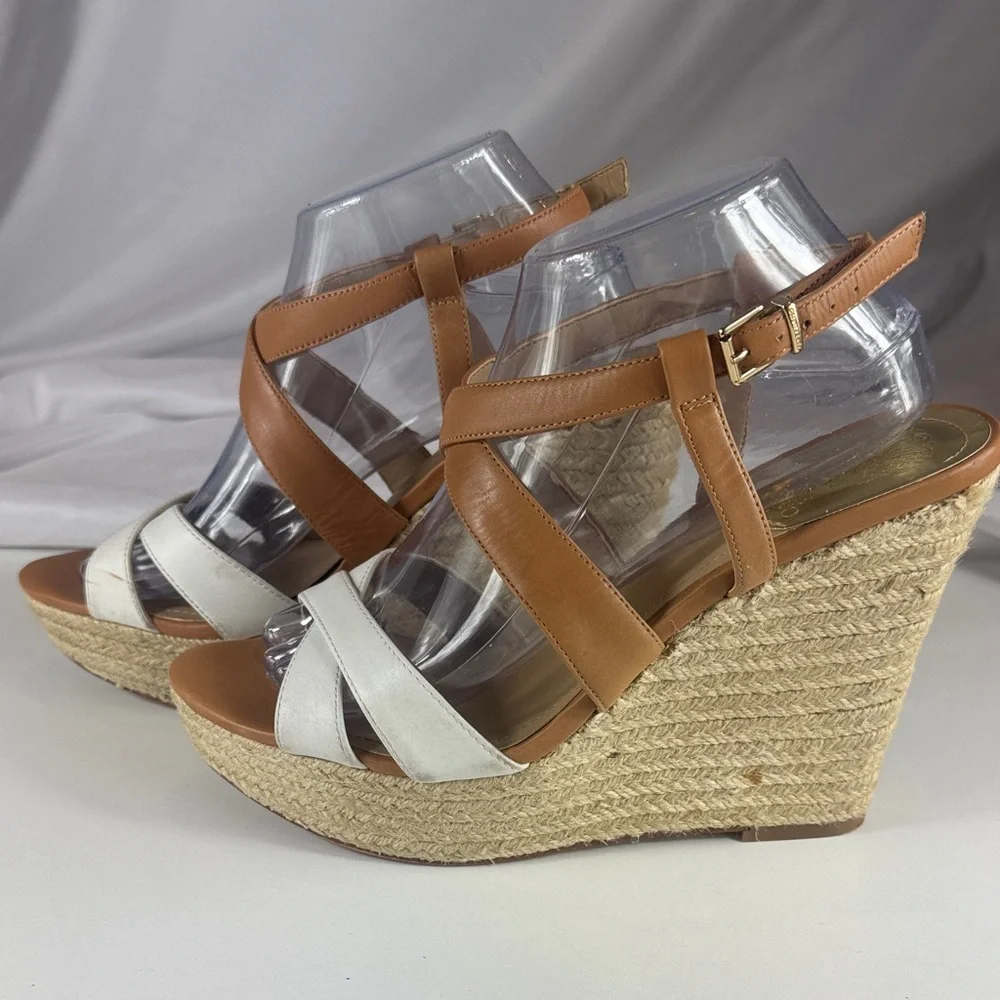 Vince Camuto High Heel Wedges Tan Camel White OpenToe Leather Summer Shoes